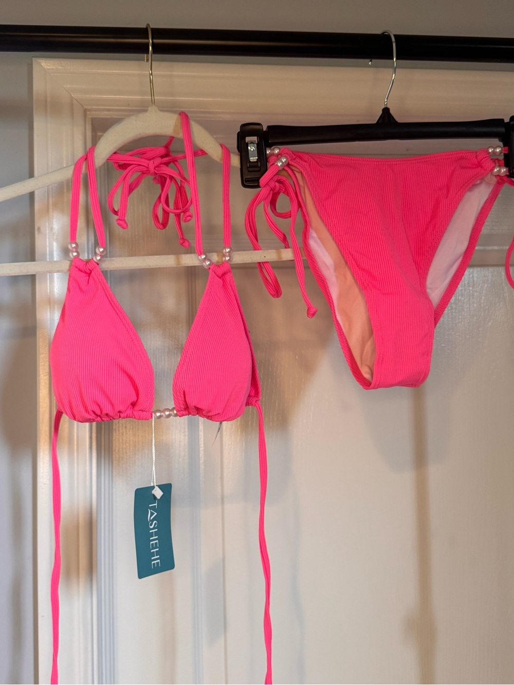 Neon Pink Ribbed String Bikini Set